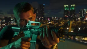 Ο Jason Duval σημαδεύει με όπλο από ταράτσα τη νύχτα στο GTA VI, με φόντο τη νυχτερινή πόλη της Leonida