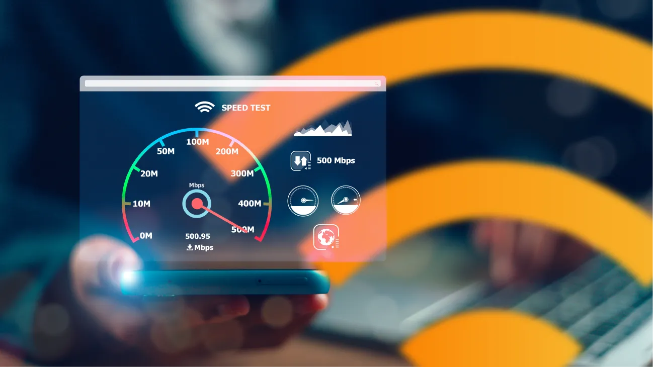 Smartphone με ενεργό speed test και Wi-Fi γραφική απεικόνιση στο background