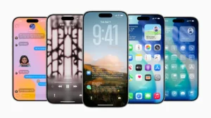 Apple iOS 26 Liquid Glass interface on iPhone home screen official hero image from WWDC 2025
